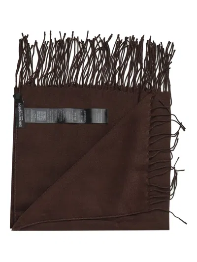 Emporio Armani Eagle-embellished Fringed Scarf In Brown