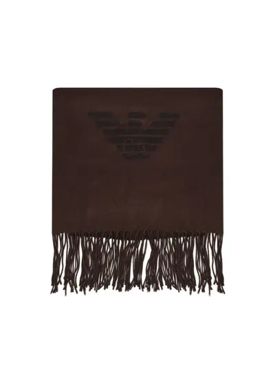 Emporio Armani Eagle-embellished Fringed Scarf In Brown