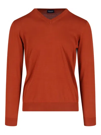 Drumohr Ribbed V-neck Sweater With Long Sleeves In Brown