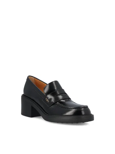 Tod's Leather Block Heel Loafers With Round Toe In Black