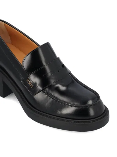 Tod's Leather Block Heel Loafers With Round Toe In Black