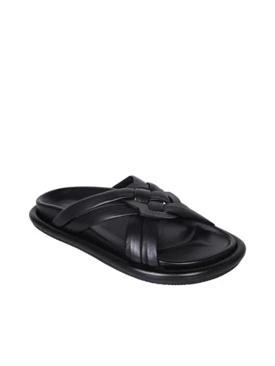 Moncler Bell Crossover-strap Leather Slides In Black