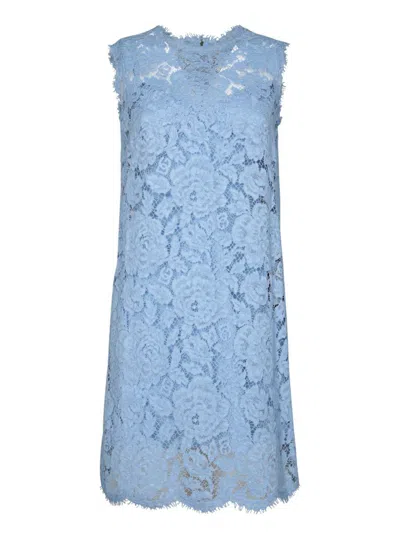 Dolce & Gabbana Light Blue Sleeveless A Line Dress In Floral Dg Lace Woman