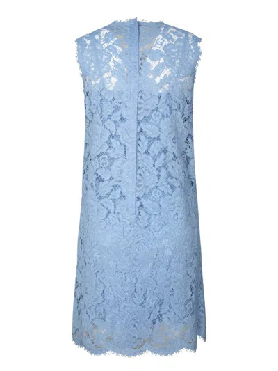 Dolce & Gabbana Light Blue Sleeveless A Line Dress In Floral Dg Lace Woman