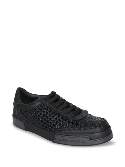 Dolce & Gabbana Round Toe Leather Low Top Sneakers In Black
