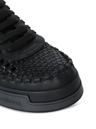 Dolce & Gabbana Round Toe Leather Low Top Sneakers In Black