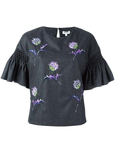 Kenzo Embroidered Wool Top With Ruffled Sleeves In Dark Grey