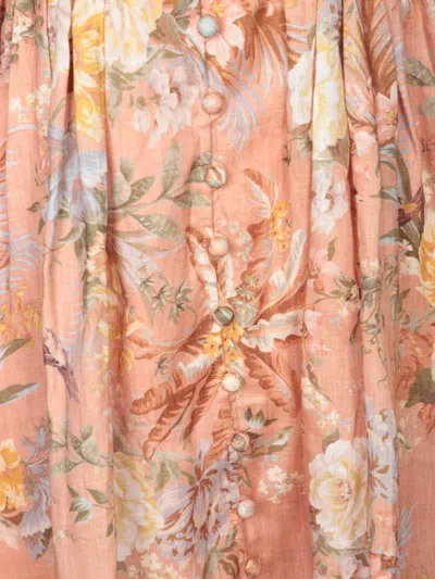 Zimmermann Tallow Pleated Floral-print Linen Mini Dress