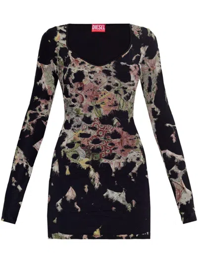 Diesel D-floci Burnout Mini Dress In Floral Viscose In Black