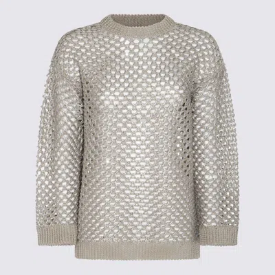 Valentino Sequin-embellished Metallic Open-knit Linen-blend Sweater In Silver