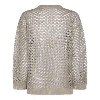 Valentino Sequin-embellished Metallic Open-knit Linen-blend Sweater In Silver
