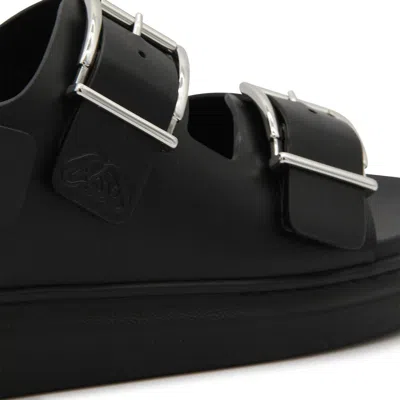 Alexander Mcqueen Black Slide Sandals With Embossed Logo In Leather Man