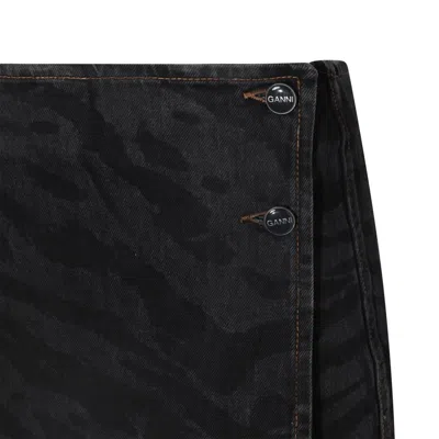 Ganni Tiger-print Denim Mini Wrap Skirt In Black