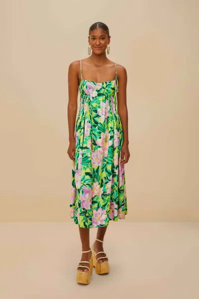Farm Rio Active Green Painted Flowers Lenzing Ecovero Euroflax Midi Dress