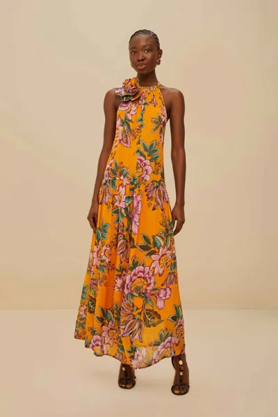 Farm Rio Active Orange Wonderful Bouquet Maxi Dress