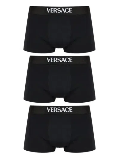 Versace Logo Intarsia Pack Of Three Boxers In Black