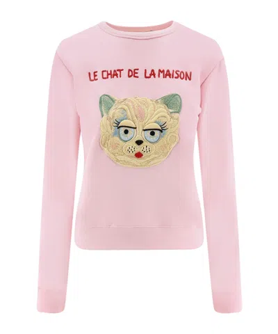 Valentino Cat-embroidered Cotton Jersey Sweatshirt In Pink