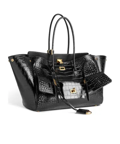 Balenciaga Medium Bel Air Carry All Croc Emobssed Leather Tote