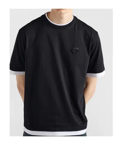 Prada Mens Green Boxy-fit Layered Cotton T-shirt In Black