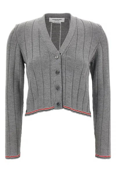 Thom Browne Ladder Full Needle Rib Stitch V Neck Car In Gray