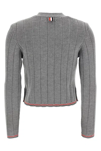 Thom Browne Ladder Full Needle Rib Stitch V Neck Car In Gray