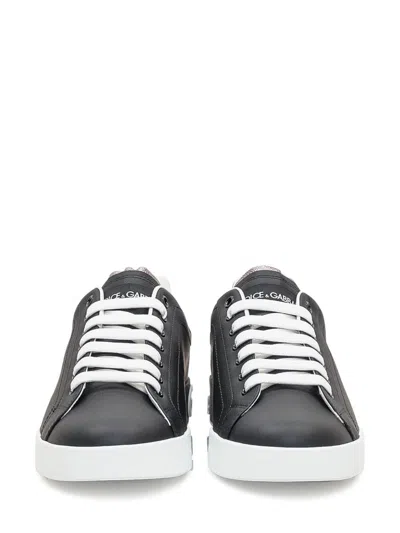 Dolce & Gabbana Portofino Sneakers In Black Leather With Silver Inserts In Black