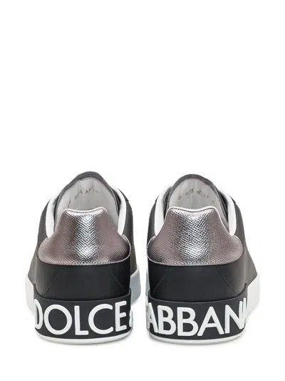 Dolce & Gabbana Portofino Sneakers In Black Leather With Silver Inserts In Black
