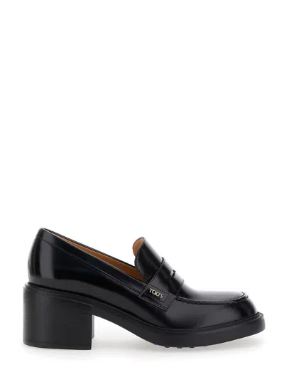 Tod's Leather Block Heel Loafers With Round Toe