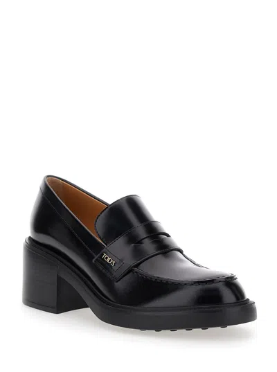 Tod's Leather Block Heel Loafers With Round Toe