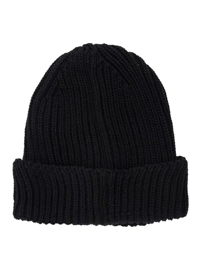 C.p. Company Black Knit Beanie With Googles Detail On The Front In Black