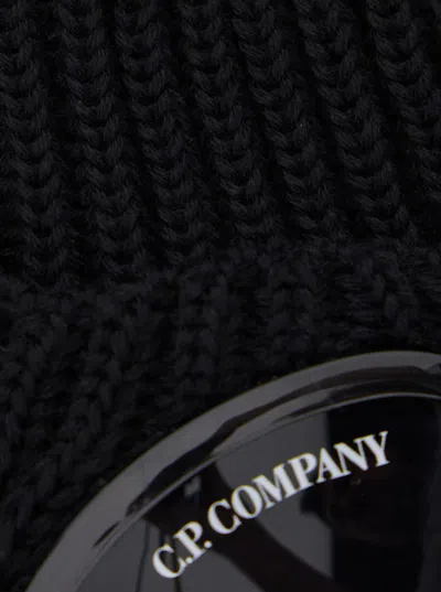 C.p. Company Black Knit Beanie With Googles Detail On The Front In Black