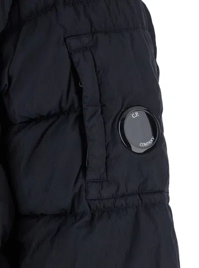 C.p. Company Blue Down Jacket With Fixed Hood And Logo Plaque On The Sleeve In Tech Fabric Man In Blue
