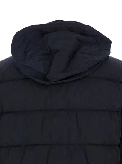 C.p. Company Blue Down Jacket With Fixed Hood And Logo Plaque On The Sleeve In Tech Fabric Man In Blue