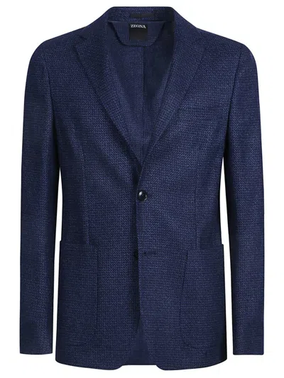 Zegna Micro Structure Cotton Jersey Jacket In Blue