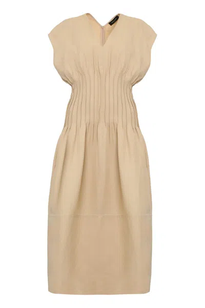Fabiana Filippi Linen Dress With Gathered Waistline And V-neckline In Neutral