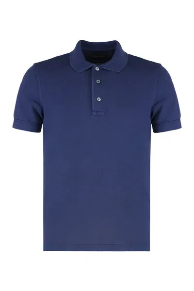 Tom Ford Black Short-sleeves Polo In Cotton Piquet Jersey Man In Blue