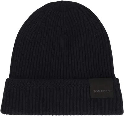 Tom Ford Mens Black Logo-patch Ribbed Cashmere-knit Beanie Hat In Black