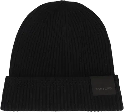 Tom Ford Mens Black Logo-patch Ribbed Cashmere-knit Beanie Hat In Black