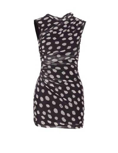 Liu •jo A Line Polka Dot Ruched Sleeveless Dress In Black