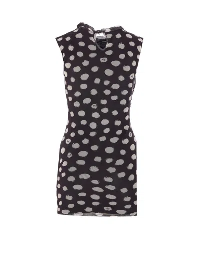 Liu •jo A Line Polka Dot Ruched Sleeveless Dress In Black