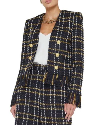 L Agence Belmont Fringe Jacket Black Yellow Multi Plaid In Black