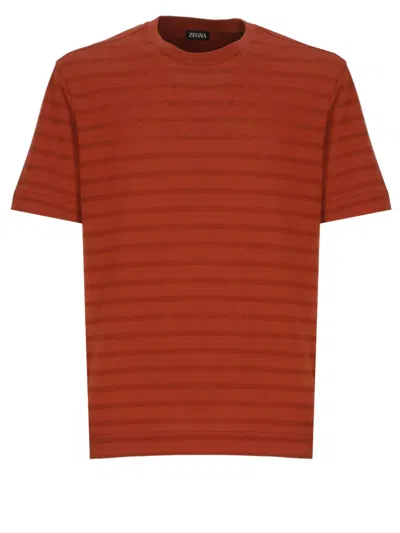 Zegna Striped Pattern Crew Neck T-shirt In Brown