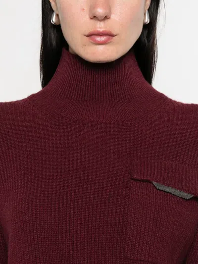 Brunello Cucinelli Cashmere Turtleneck Sweater Chest Pocket In Burgundy