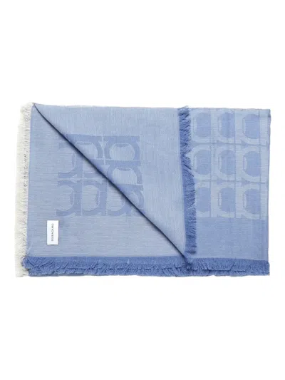 Ferragamo Gancini-pattern Frayed Scarf In Blue
