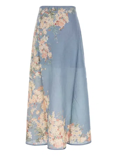 Zimmermann Womens Cascadian Bias Floral Linen Midi Skirt Teal Blue Botanical