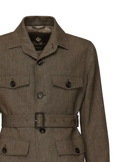 Loro Piana Belted Herringbone Flax Jacket In Brown