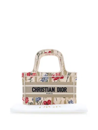 Pre-owned Dior 2020 Mini Canvas Embroidered Hibiscus Book Tote Handbag In Brown