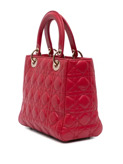 Pre-owned Dior 2016 Medium Lambskin Cannage Lady  Satchel In Red