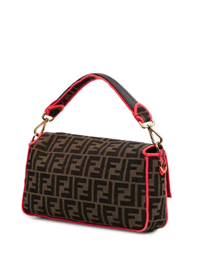 Pre-owned Fendi 2000-2010 Medium Zucca Canvas Fluo Trim Baguette Satchel In Brown