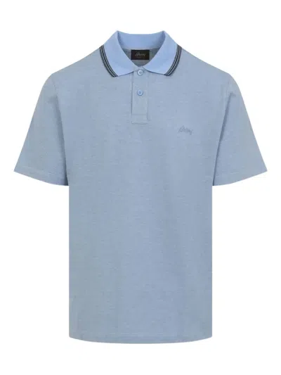 Brioni Striped Edge Polo Shirt In Cotton In Blue